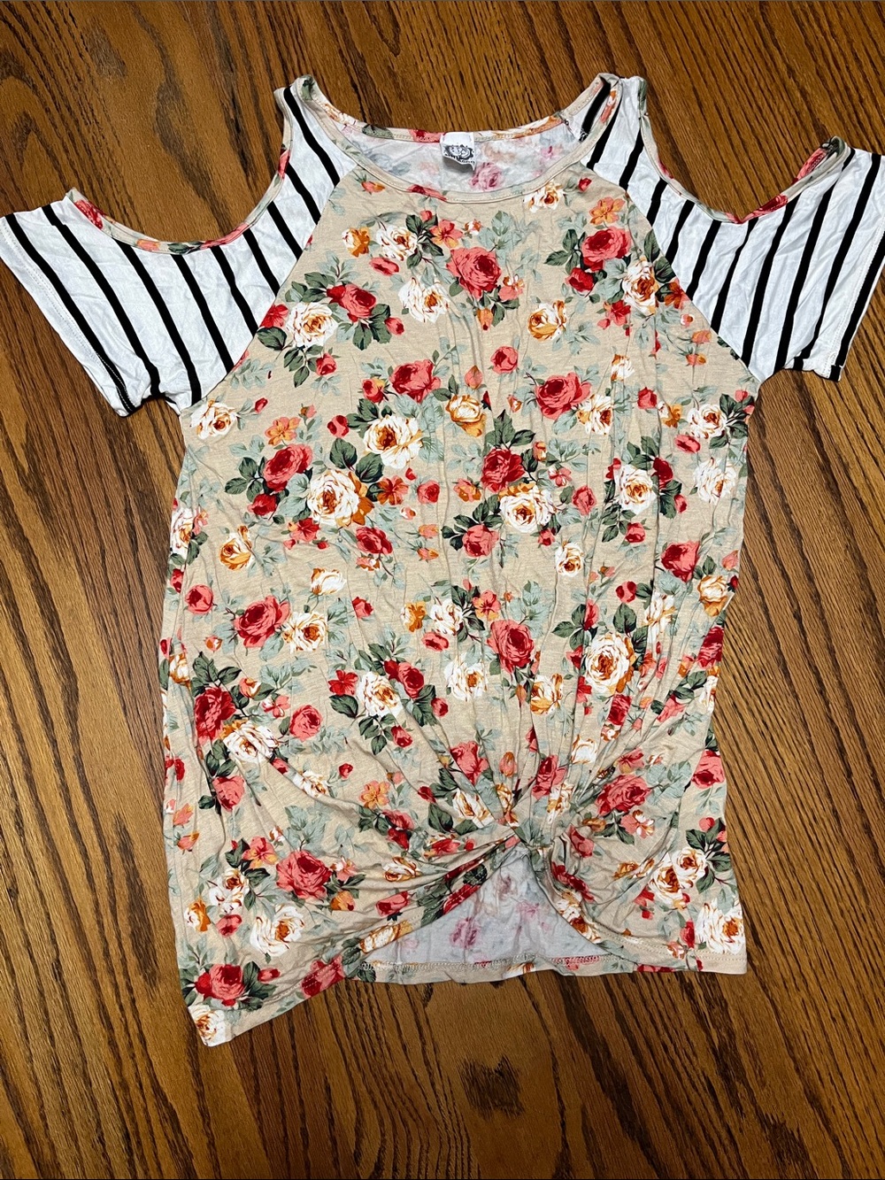 Sun n Moon Beige Floral Cold-Shoulder Knot Tee with Black-White Striped Sleeves